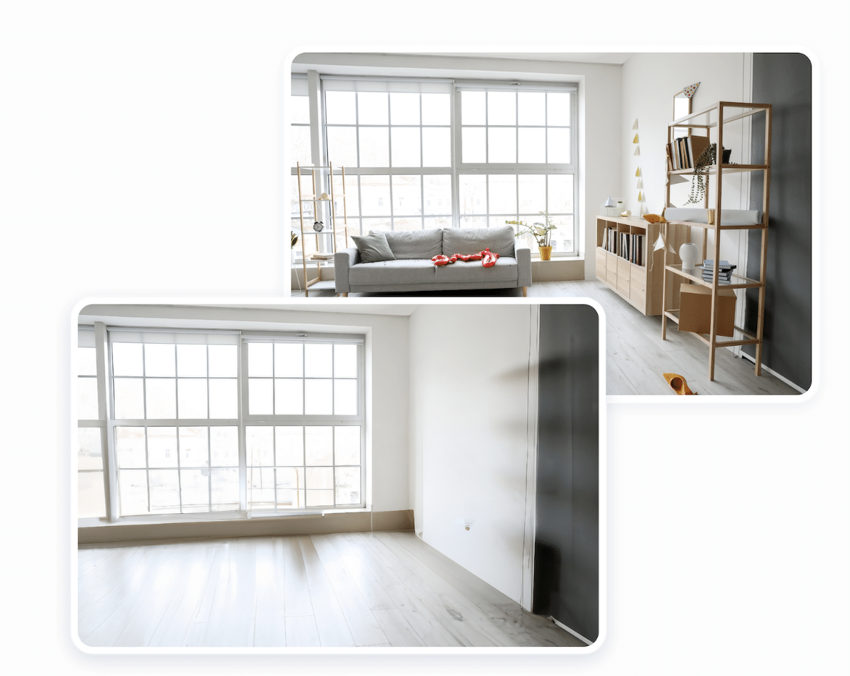Two photos of the same room, one is empty and the other is filled with furniture and decor with a virtual staging app